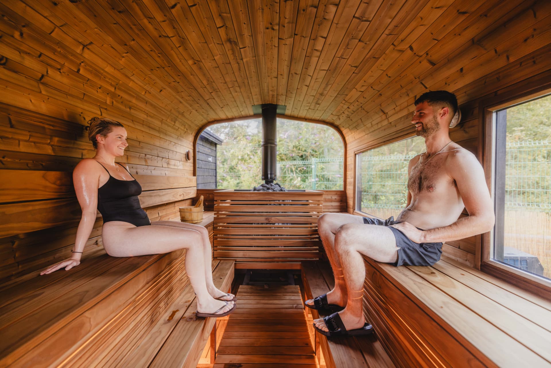 Relaxing and unwinding inside the sauna